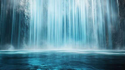 A serene waterfall cascading into a tranquil pool, surrounded by mist and blue hues.