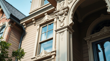 Obraz premium Victorian House Exterior: Architectural Details and Classic Design. Discover the elegance of this vintage home's facade, showcasing intricate stone and wood detailing, columns, and a charming porch.