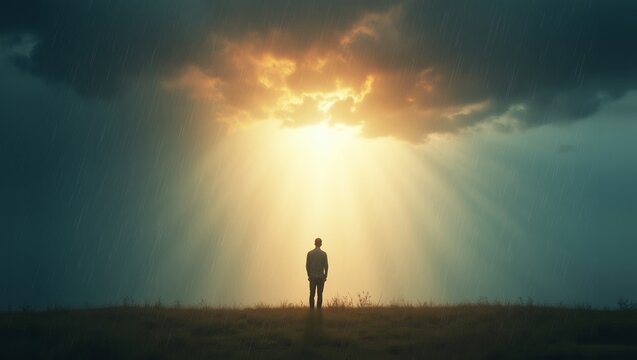 A person standing under a raincloud with vibrant rays of light breaking through, symbolizing hope and resilience