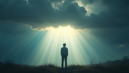 A person standing under a raincloud with vibrant rays of light breaking through, symbolizing hope and resilience
