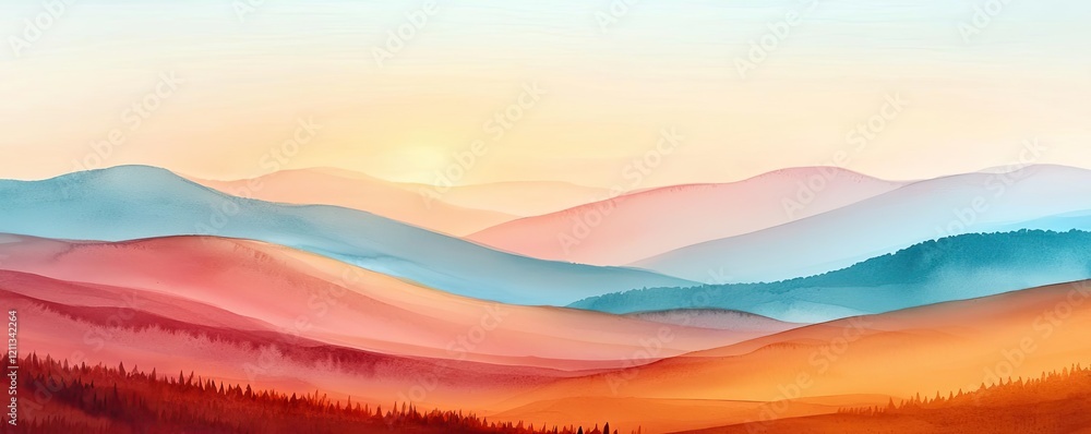 Poster rustic watercolor concept. vibrant sunset over rolling hills with soft hues blending seamlessly into