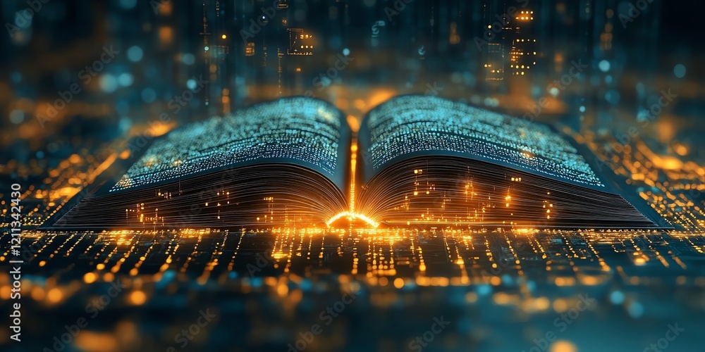 Aufkleber luminous book: digital text illuminated in a futuristic setting
