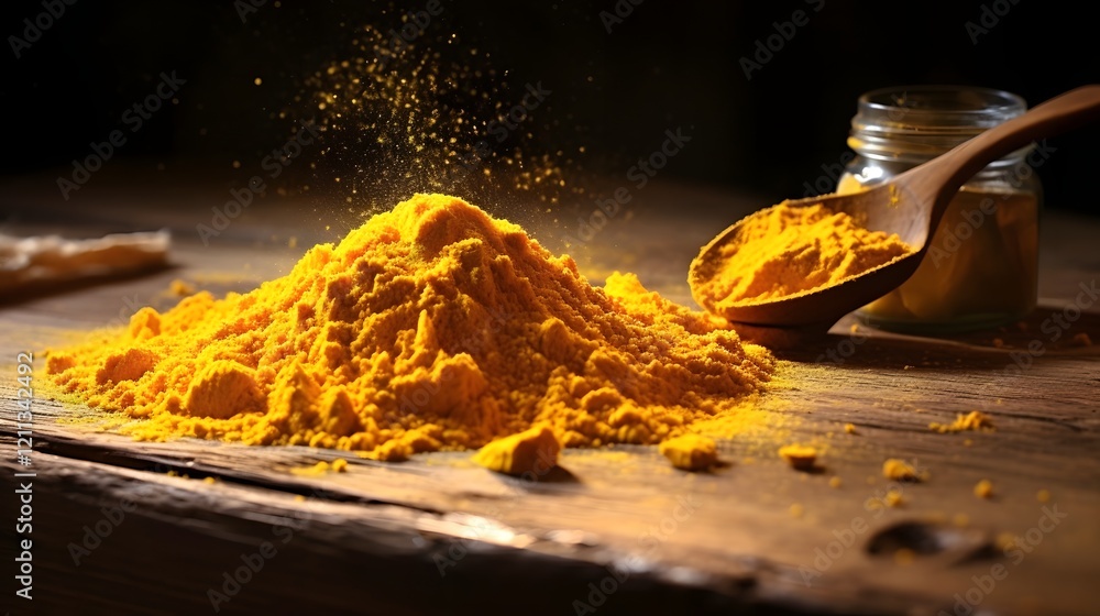 Poster close up view of a spoonful of warm golden turmeric powder spilling and spreading over a rustic wood