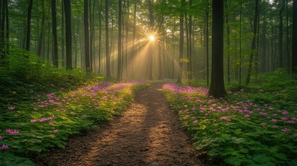 Fototapeta premium Sunlit Forest Path with Purple Flowers
