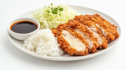 A plate of crispy chicken katsu served with steamed rice, shredded cabbage, and tangy tonkatsu sauce