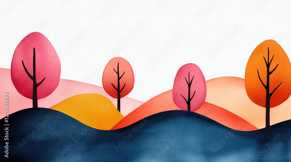 Poster rustic watercolor concept. a colorful landscape with abstract trees and rolling hills, showcasing vi