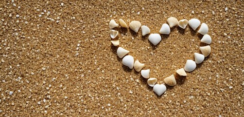 A heart made of small seashells and pebbles on a sandy background. Ideal for romantic themes, travel promotions, and summer vacation ads.