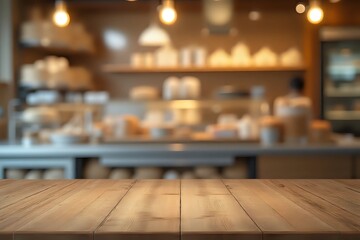 Wooden board empty table background and blurred bakery shop background with copy space