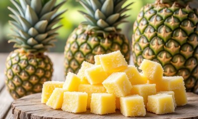 Fresh pineapple cubes on a wooden board