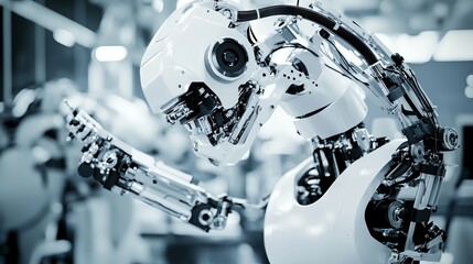 Fototapeta premium Next-generation robotics research lab, innovative workspace with humanoid robots, Robotics style