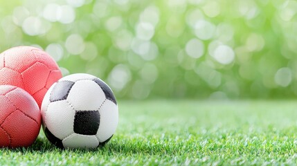 Soccer balls on green grass, blurred background.  Perfect for sports websites or advertising