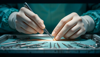 Close-up of surgeon's hands performing delicate surgery with precision instruments.