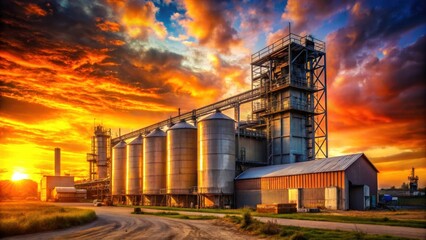 Obraz premium Industrial Sunset Silhouette A Vibrant Sky Backdrops a Complex of Silos and Processing Facilities at Dusk