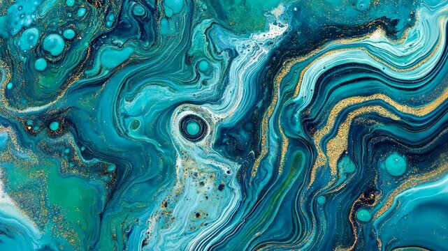 Swirling patterns of teal and gold create an abstract oceanic landscape with vibrant textures