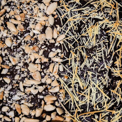 Texture of brownies cake with grated cheese and walnuts