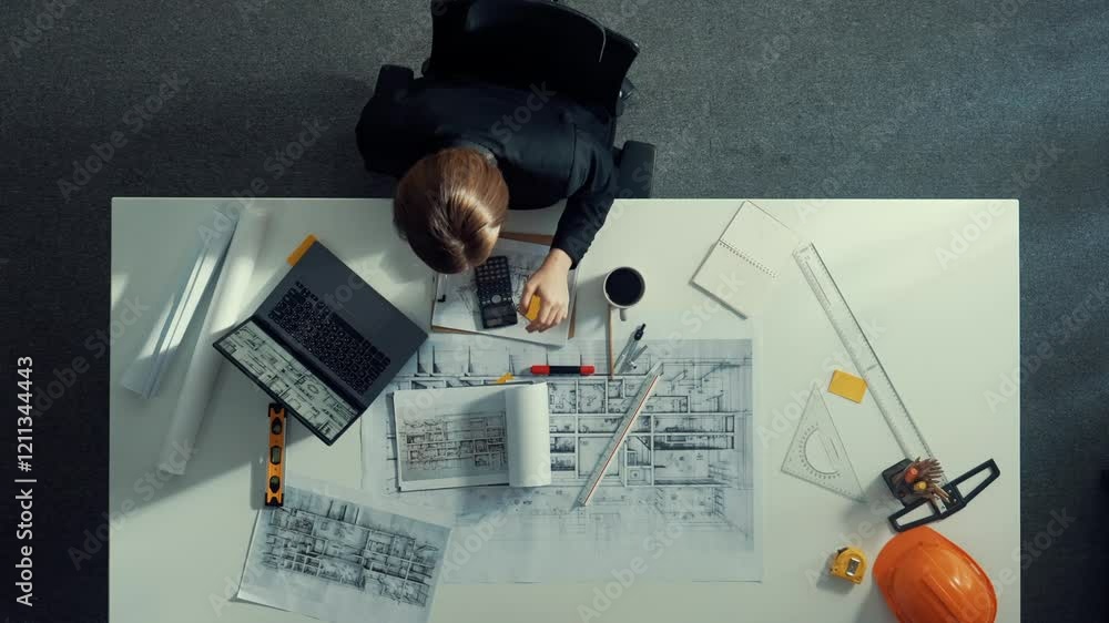 Poster architect engineer working while working on laptop with sticky notes and calculator to design buildi