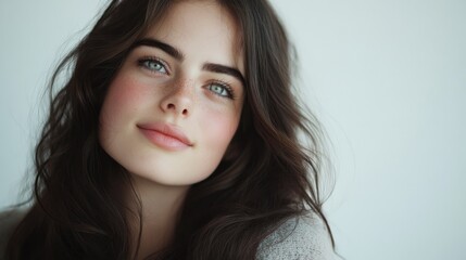 Woman with long brown hair and blue eyes looking thoughtfully outdoors in natural light