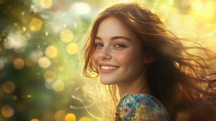 Naklejka premium Smiling woman with long hair against a neutral background expressing joy and happiness