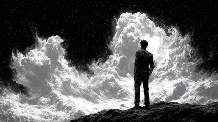 Fototapeta premium Man Gazing at a Celestial Wave of Light and Darkness