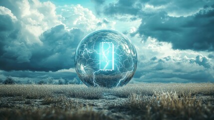 Surreal Scene of Transparent Battery Surrounded by Glowing Elements