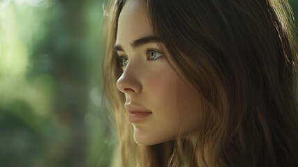 Naklejka premium Woman with long hair gazing out a large window in a bright room