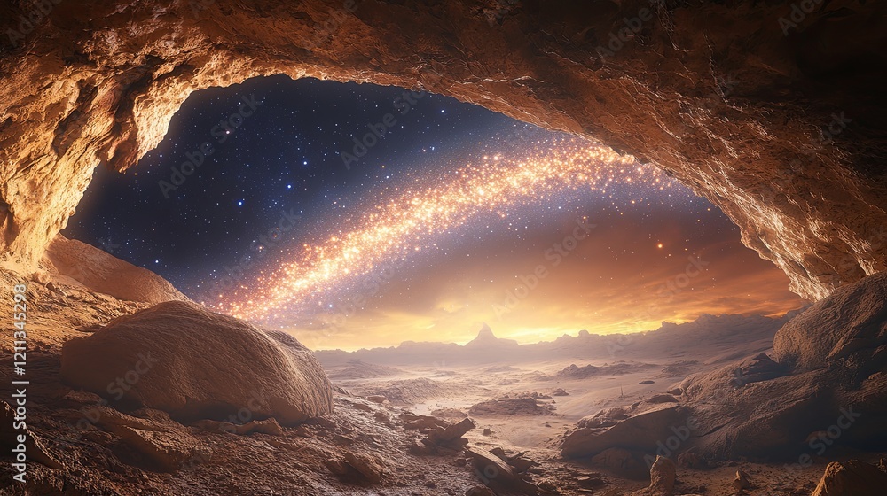 Poster stunning view from a cave showing a galaxy arching over a surreal landscape at twilight. generative 