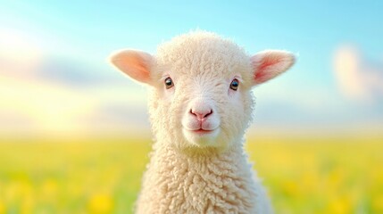 Obraz premium Lamb in yellow field, springtime sunrise. Pastoral, nature image for cards
