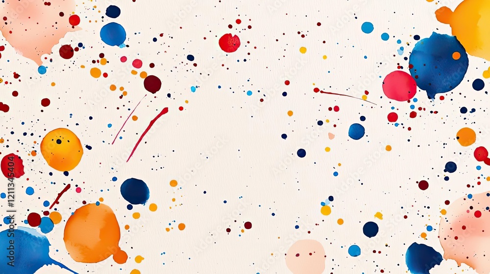 Poster Splattered watercolor idea. Abstract colorful splash background with vibrant dots in various sizes and shades.
