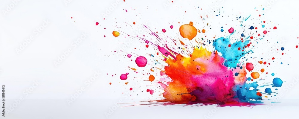 Poster splattered watercolor idea. vibrant paint splashes in various colors creating a dynamic and artistic