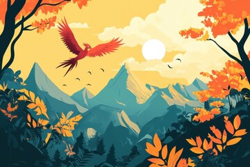 Naklejka premium Red Bird Soaring Over Majestic Mountains and Lush Foliage