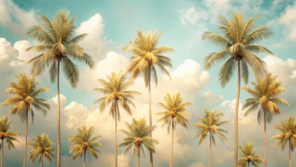 Serene Tropical Paradise A Collection of Majestic Palm Trees Silhouetted Against a Dreamy Sky