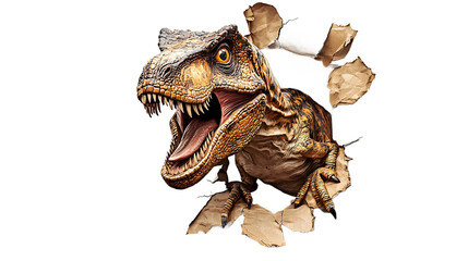 Naklejka premium Tyrannosaurus Rex Emerging from Cardboard: A Prehistoric Beast Breaks Through