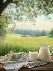 Glass of milk on a wooden table with background of cow in a field
