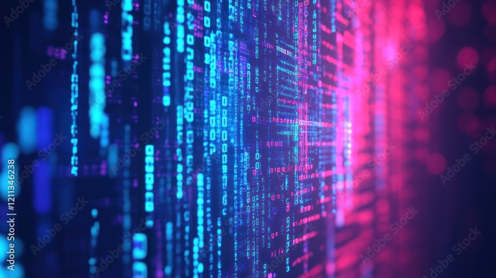 Poster abstract digital matrix: binary code cascade in vivid neon hues