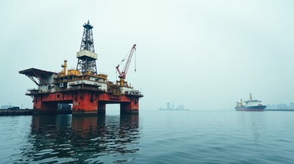 Fototapeta premium A large offshore oil rig sits on calm waters, a distant cargo vessel visible in the hazy horizon, suggesting industrial maritime operations