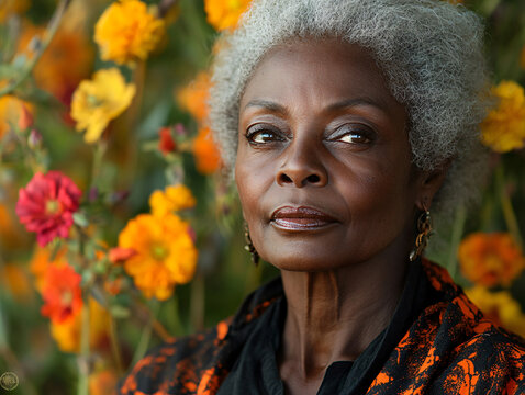 Striking portrait marginalized African American woman vivid floral middle-aged powerful gaze vibrant color deep contrast tell story resilience heritage modern fine art dark black skin female adult