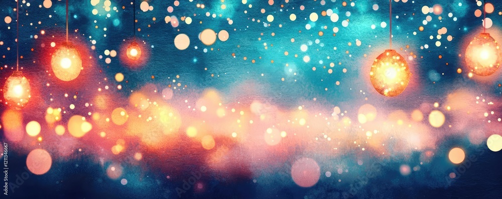 Poster Starry watercolor idea. Vibrant abstract background with glowing lights and colorful bokeh effect.