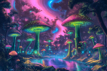 Dreamy digital art of a psychedelic forest with glowing mushrooms, vibrant colors, and a surreal, otherworldly atmosphere