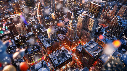 Aerial view of bustling city skyline covered in snow, with festive lights and magical winter atmosphere