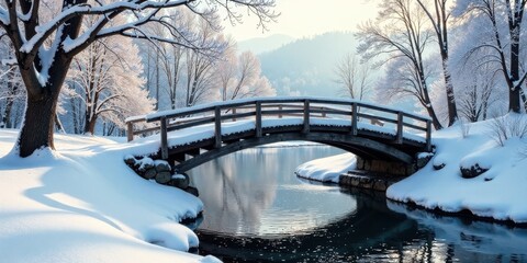 Serene Winter Wonderland Snow-Covered Bridge Over a Tranquil Stream, Framed by Frost-Kissed Trees