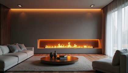 Modern surrealism in interior design featuring a stylish fireplace and cozy seating area