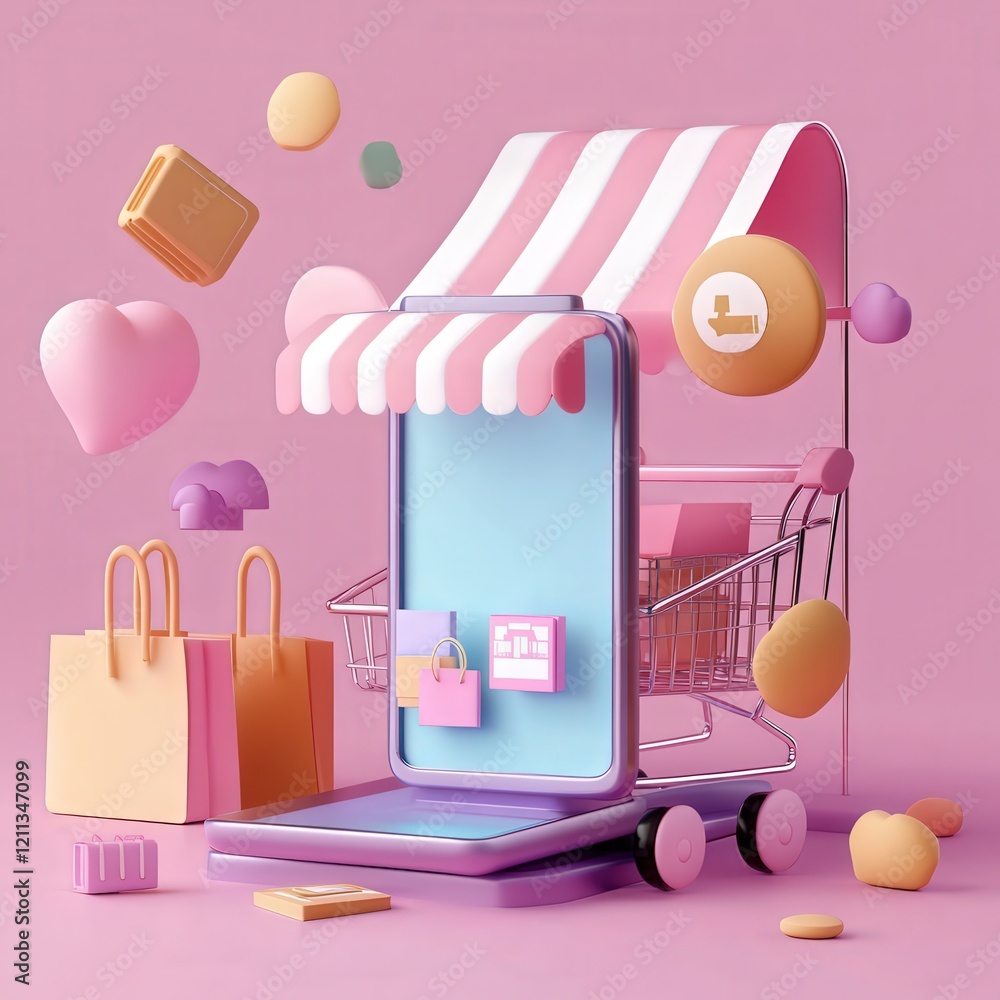 Poster 3d minimalistic concept illustrating the process of online shopping through a smartphone application