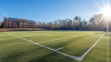 A sunny view of a sports field with a building in the background.
