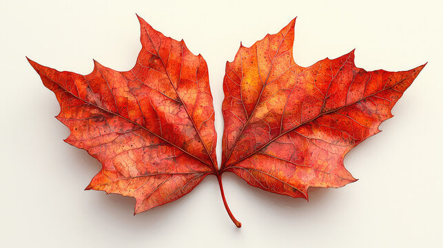 Two vibrant, red-orange autumn maple leaves arranged symmetrically against a white backdrop. - Powered by Adobe