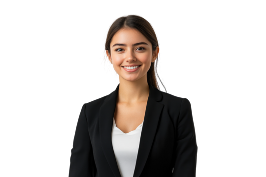 Smiling businesswoman in a black blazer with a friendly expression isolated on white or transparent, PNG