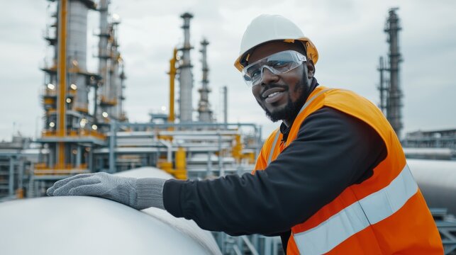 working in petrochemical plant. A worker in safety gear smiles while inspecting industrial pipelines at an oil refinery, showcasing a blend of professionalism and safety.
