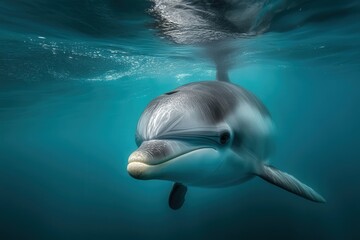 Fototapeta premium bowl-headed dolphin, its smooth body and curious eyes captured as it swims effortlessly through the clear blue water, embodying the elegance of marine life
