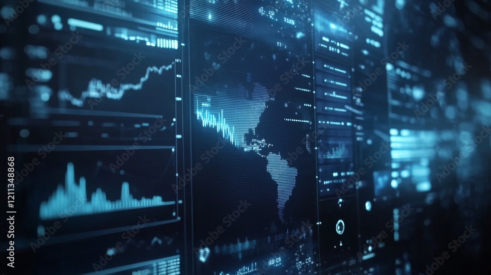 Poster digital stock market trading with futuristic graph and financial data analysis displayed on a blue v