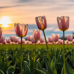sunrise sun over red tulip field in North Holland, Netherlands