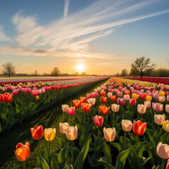 sunrise sun over red tulip field in North Holland, Netherlands